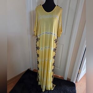 Free People Poolside Yellow & Blue Tie Dye Embroidered Maxi Dress High Slits SM